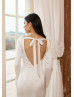 Long Sleeves Ivory Satin Tie Back Slit Modern Wedding Dress